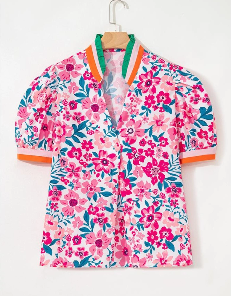 Pink Floral Print Contrast Striped Detail Short Sleeve Blouse