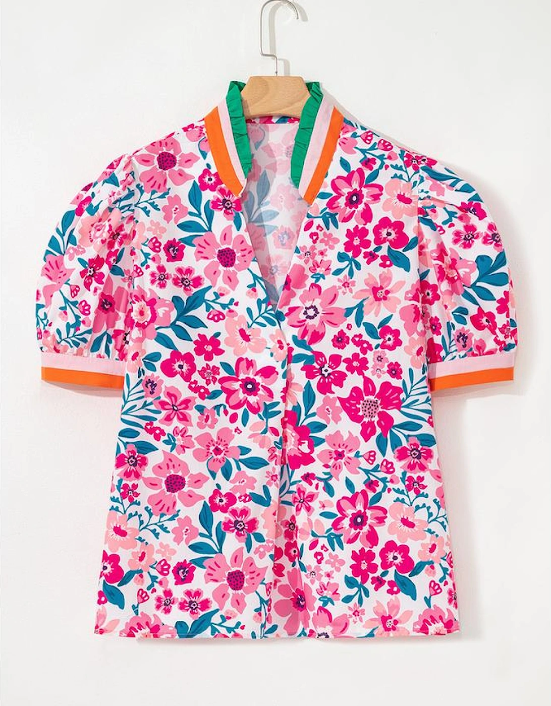 Pink Floral Print Contrast Striped Detail Short Sleeve Blouse