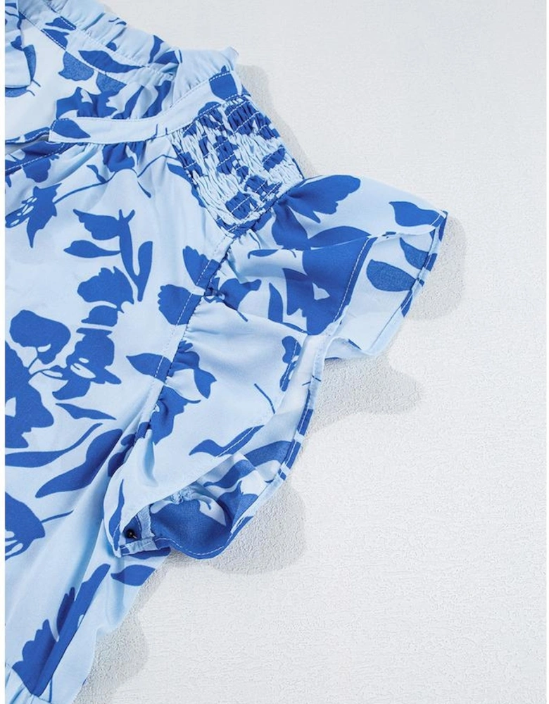 Sky Blue Floral Print Tiered Frilled Trim Flutter Sleeve Maxi Dress