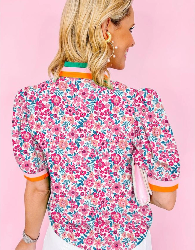 Pink Floral Print Contrast Striped Detail Short Sleeve Blouse