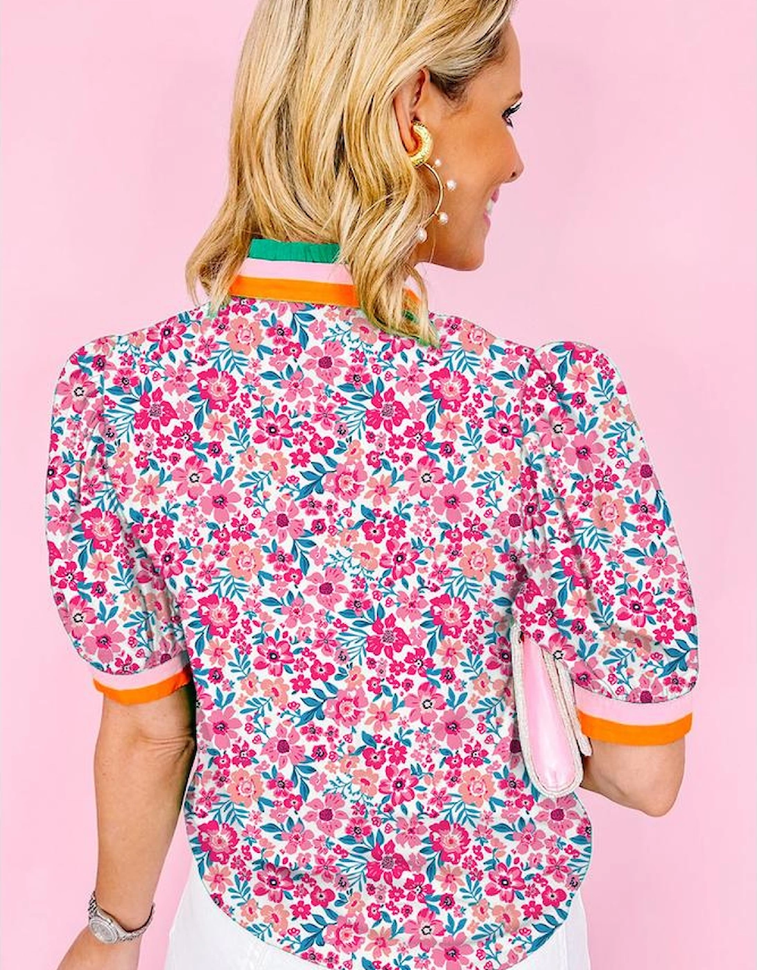 Pink Floral Print Contrast Striped Detail Short Sleeve Blouse, 11 of 10