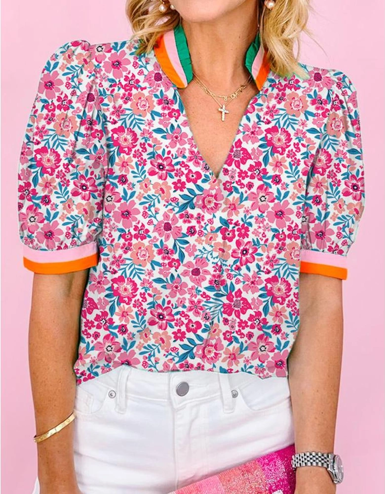 Pink Floral Print Contrast Striped Detail Short Sleeve Blouse