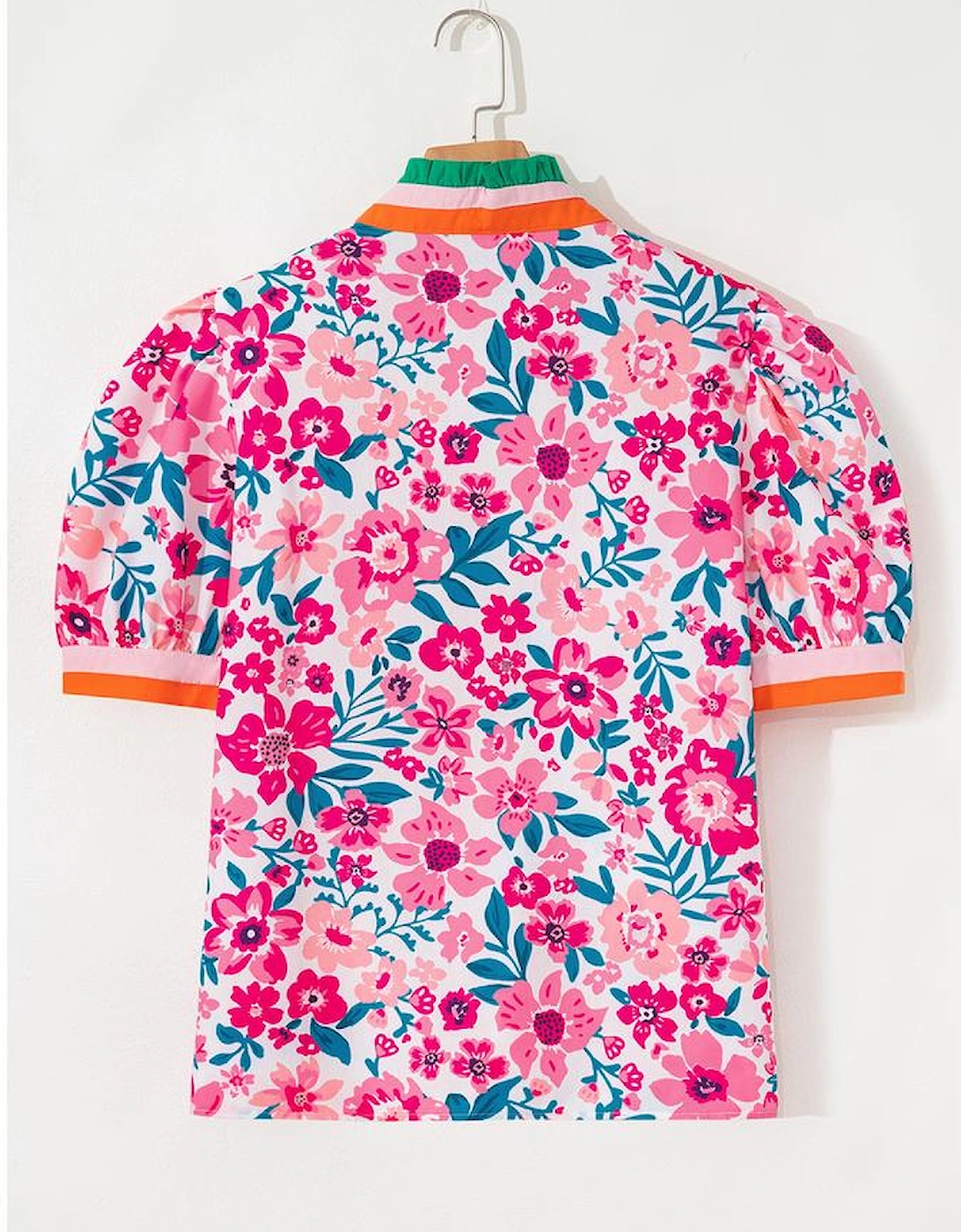 Pink Floral Print Contrast Striped Detail Short Sleeve Blouse