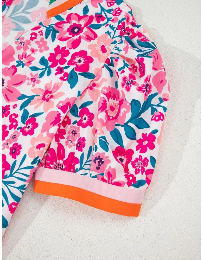 Pink Floral Print Contrast Striped Detail Short Sleeve Blouse