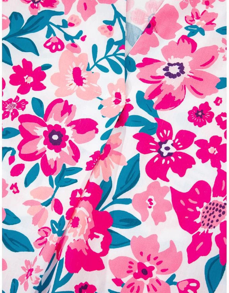 Pink Floral Print Contrast Striped Detail Short Sleeve Blouse