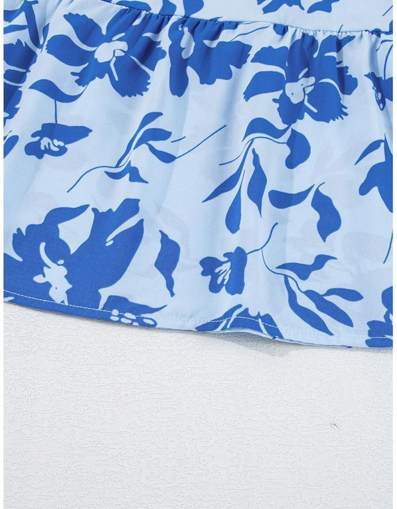 Sky Blue Floral Print Tiered Frilled Trim Flutter Sleeve Maxi Dress