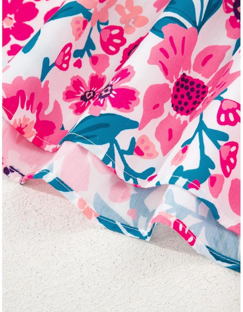 Pink Floral Print Contrast Striped Detail Short Sleeve Blouse