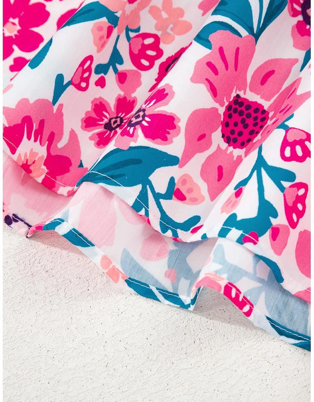 Pink Floral Print Contrast Striped Detail Short Sleeve Blouse