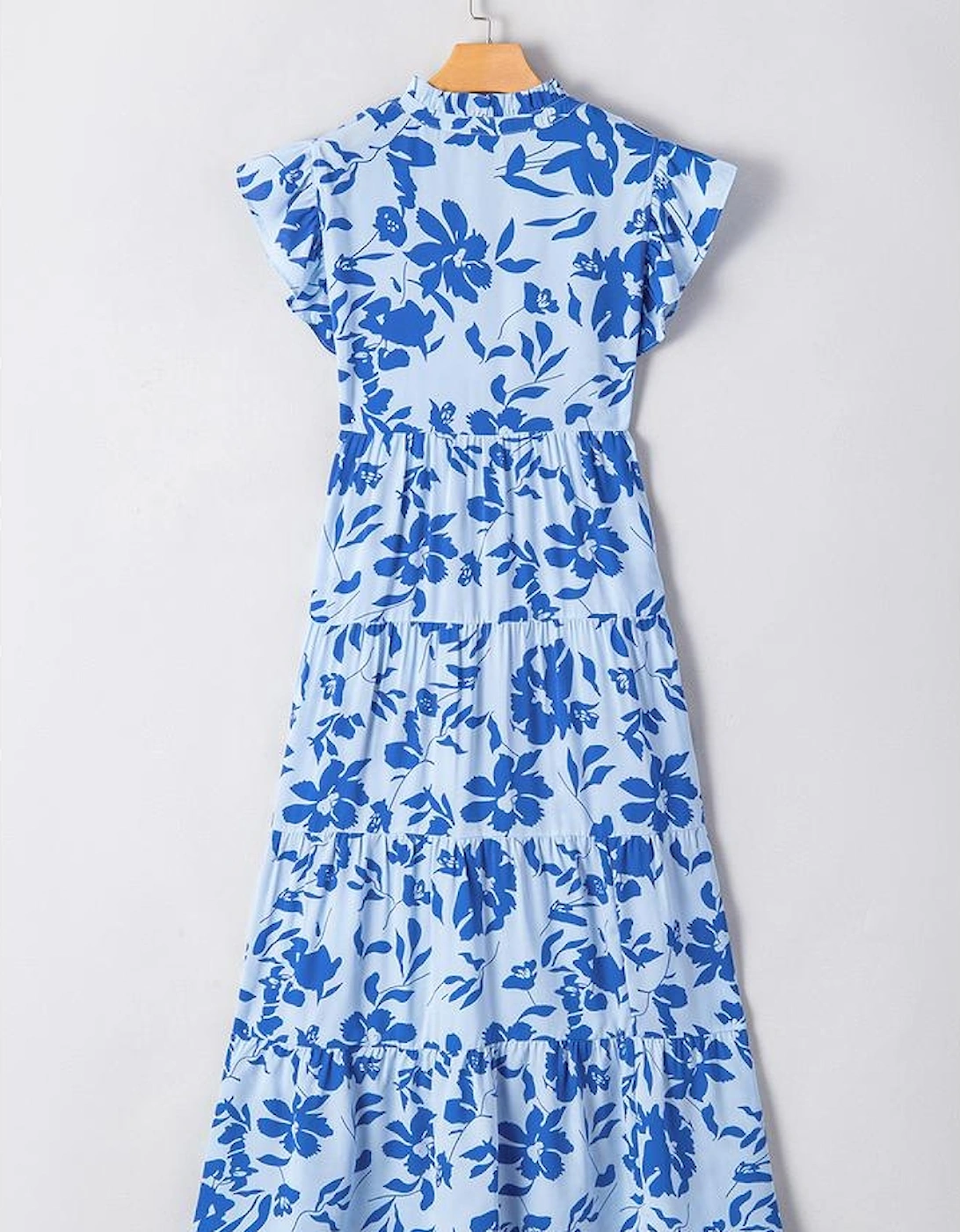 Sky Blue Floral Print Tiered Frilled Trim Flutter Sleeve Maxi Dress