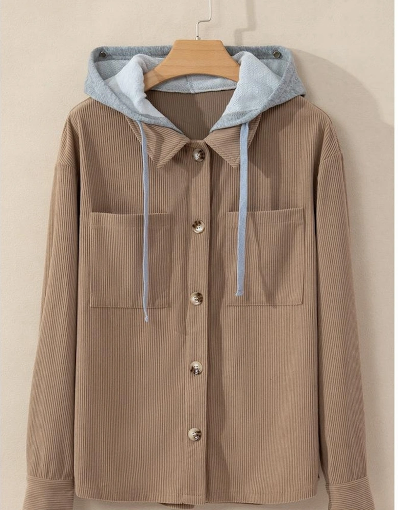 Pale Khaki Hooded Drawstring Pockets Corduroy Shacket