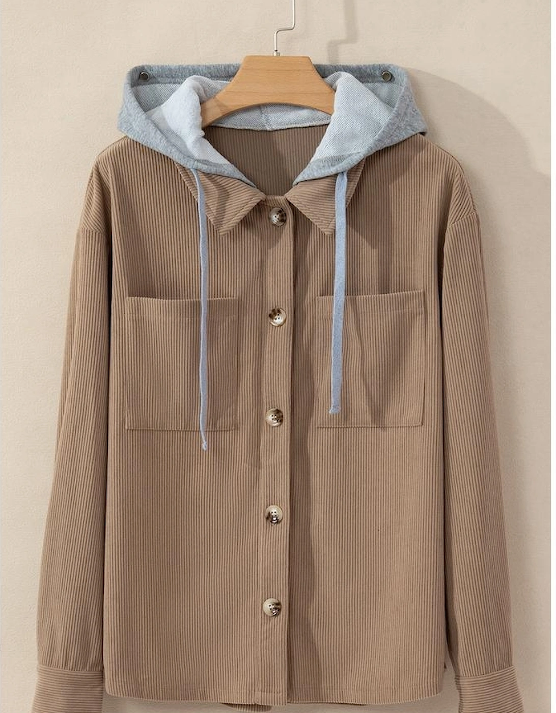 Pale Khaki Hooded Drawstring Pockets Corduroy Shacket