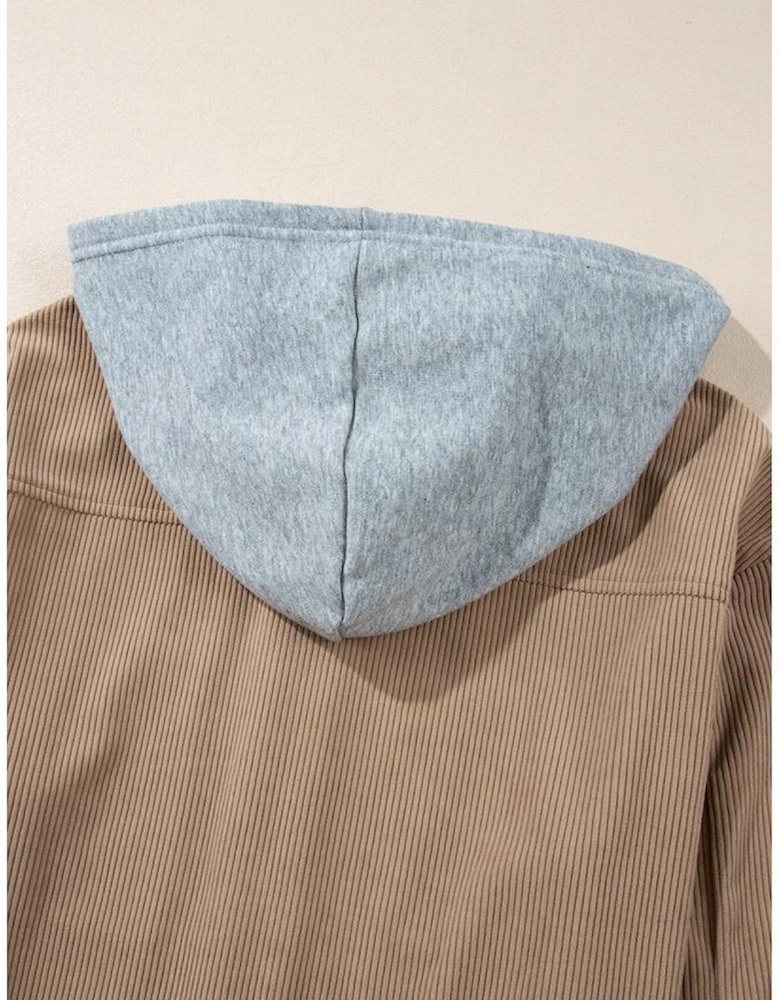 Pale Khaki Hooded Drawstring Pockets Corduroy Shacket