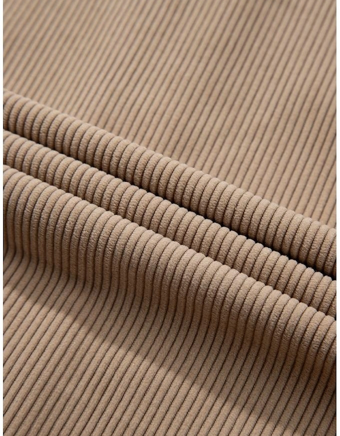 Pale Khaki Hooded Drawstring Pockets Corduroy Shacket