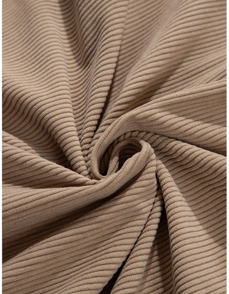 Pale Khaki Hooded Drawstring Pockets Corduroy Shacket