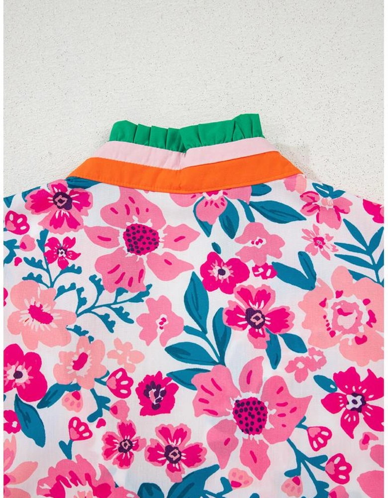 Pink Floral Print Contrast Striped Detail Short Sleeve Blouse