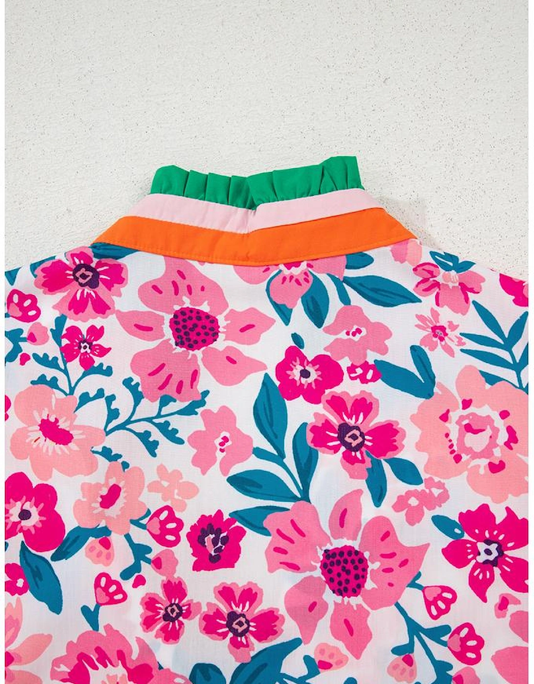 Pink Floral Print Contrast Striped Detail Short Sleeve Blouse