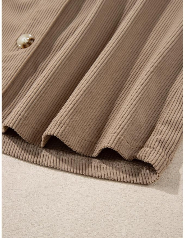 Pale Khaki Hooded Drawstring Pockets Corduroy Shacket