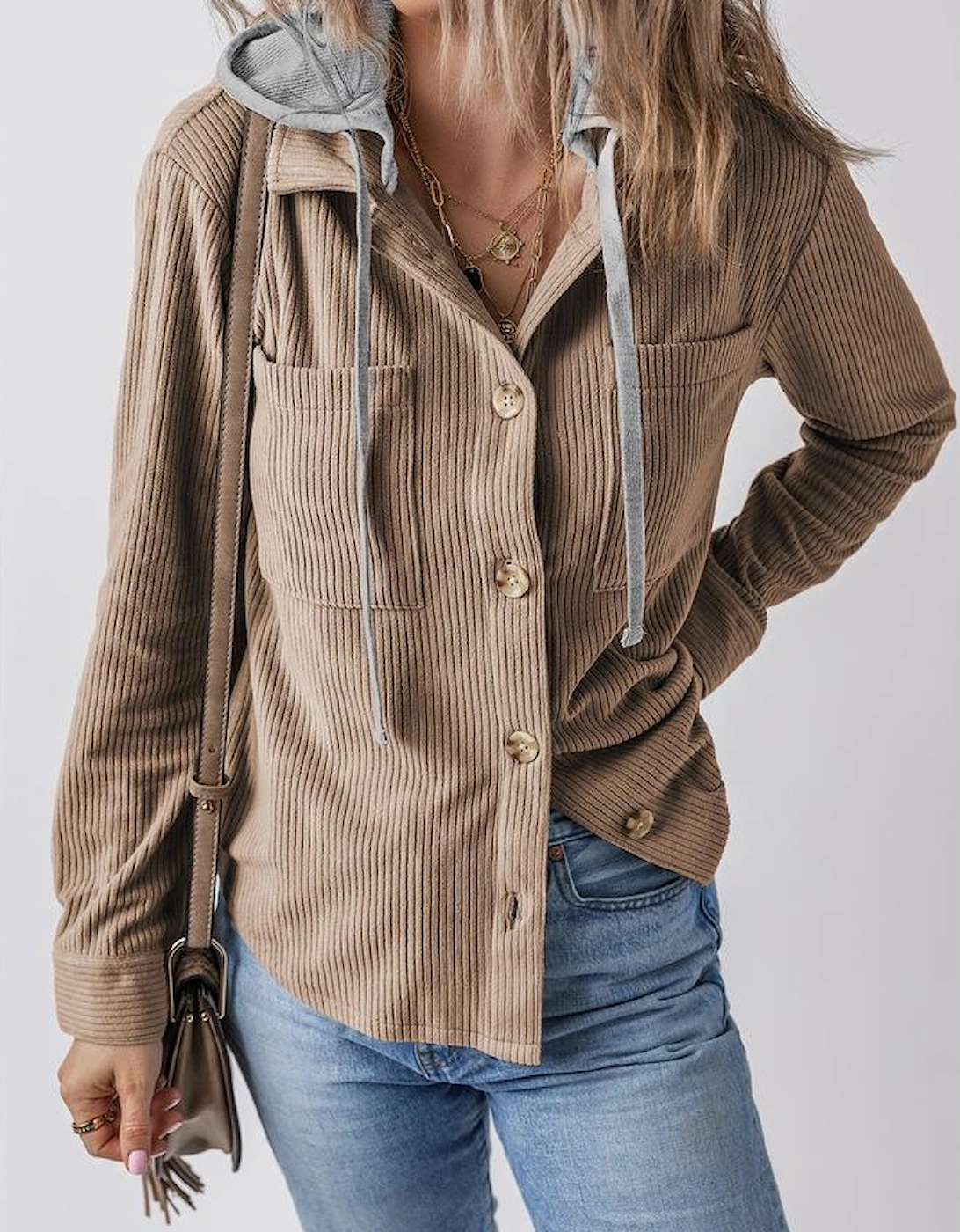 Pale Khaki Hooded Drawstring Pockets Corduroy Shacket