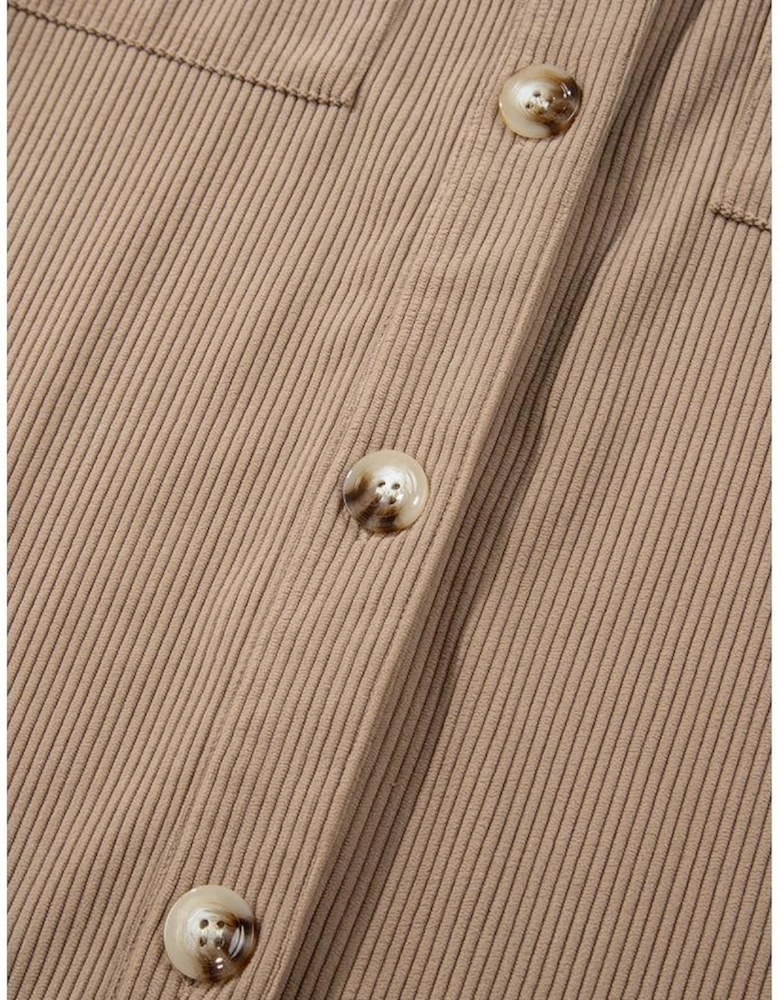 Pale Khaki Hooded Drawstring Pockets Corduroy Shacket