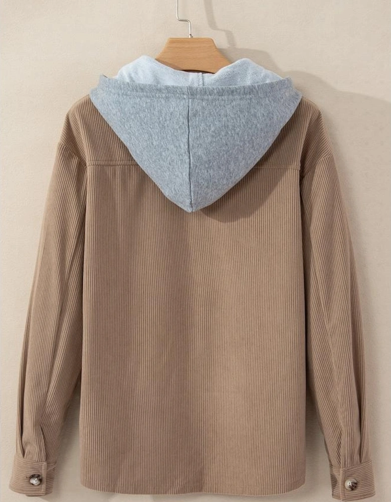 Pale Khaki Hooded Drawstring Pockets Corduroy Shacket