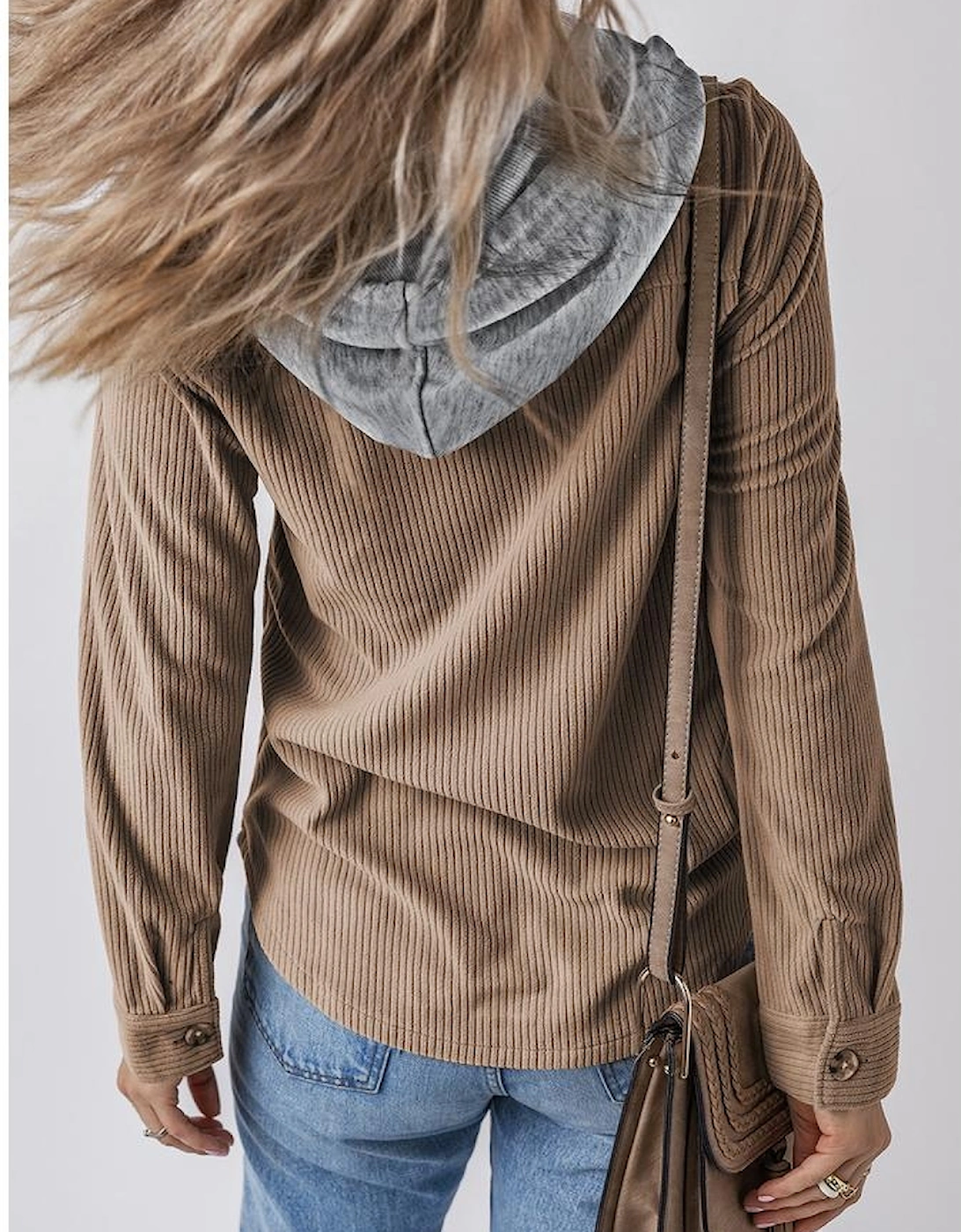 Pale Khaki Hooded Drawstring Pockets Corduroy Shacket