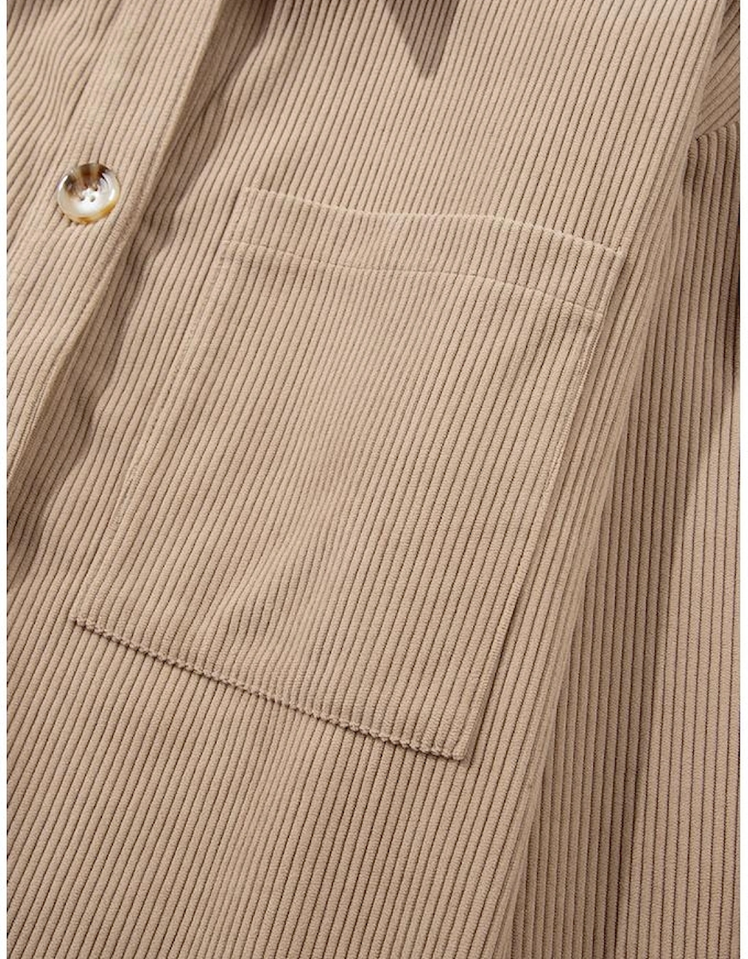 Pale Khaki Hooded Drawstring Pockets Corduroy Shacket