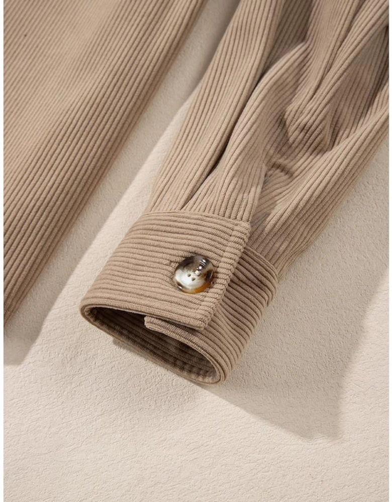 Pale Khaki Hooded Drawstring Pockets Corduroy Shacket