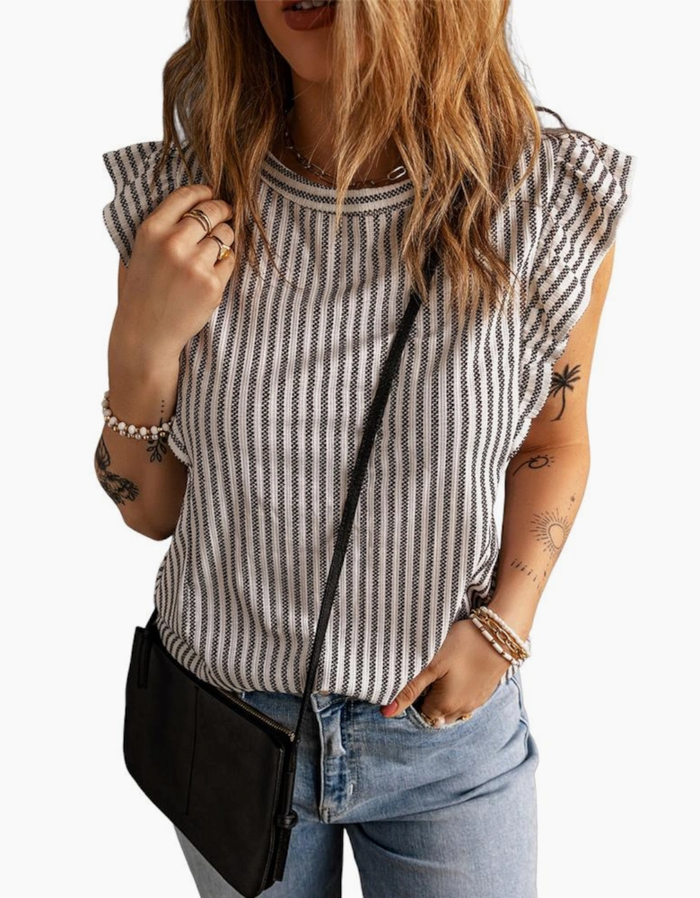 Gray Crew Neck Ruffled Striped Tank Top