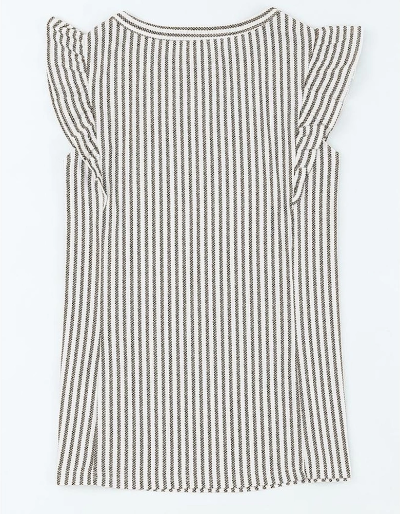 Gray Crew Neck Ruffled Striped Tank Top