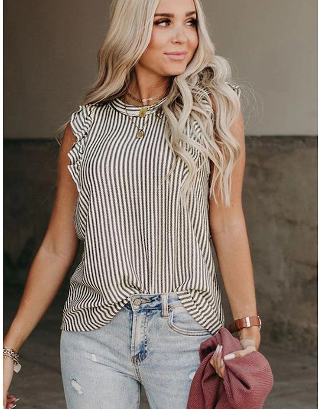 Gray Crew Neck Ruffled Striped Tank Top