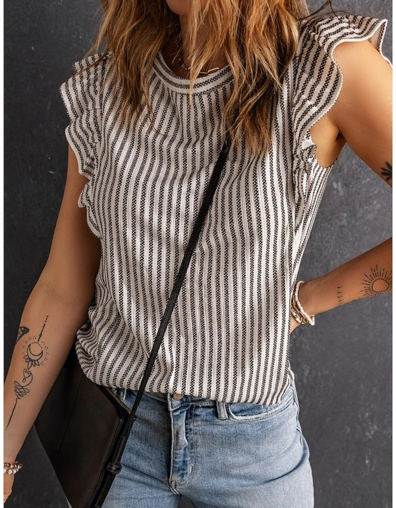 Gray Crew Neck Ruffled Striped Tank Top