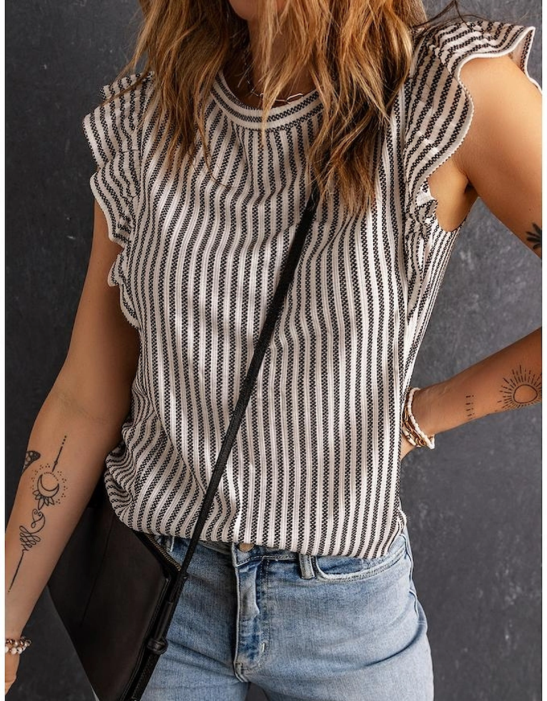 Gray Crew Neck Ruffled Striped Tank Top