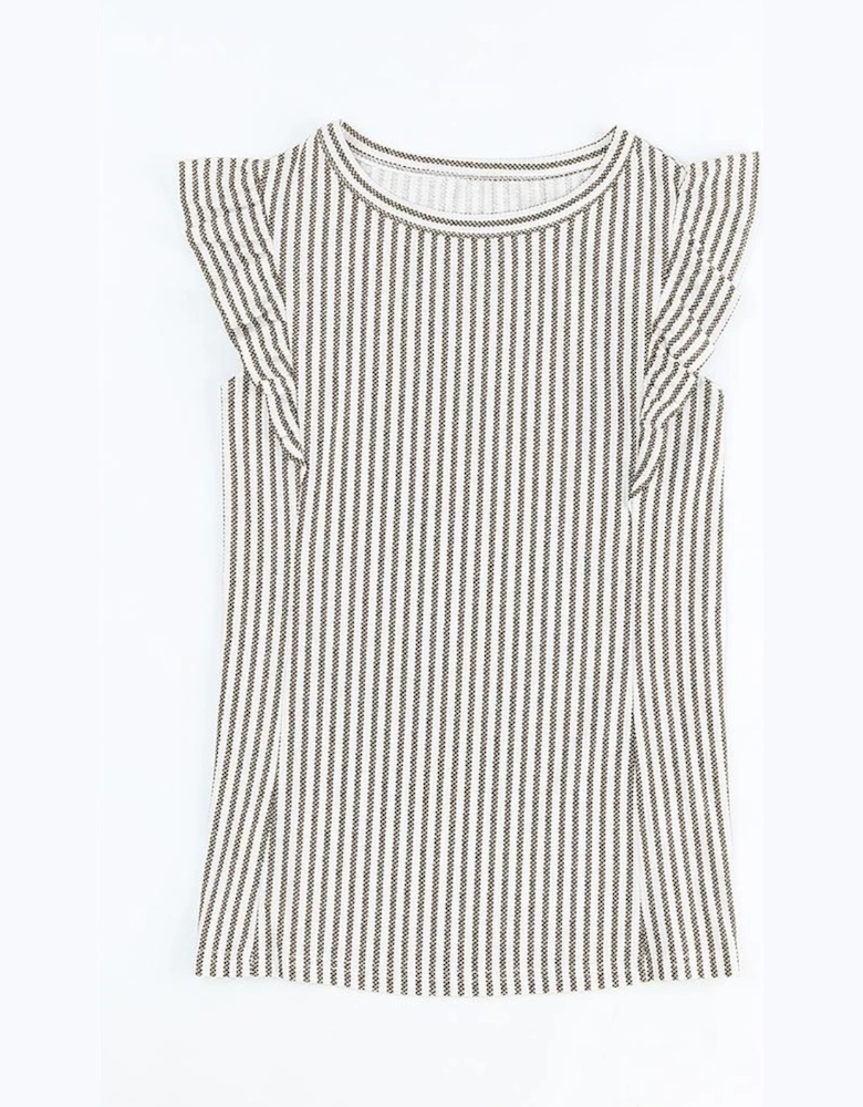 Gray Crew Neck Ruffled Striped Tank Top