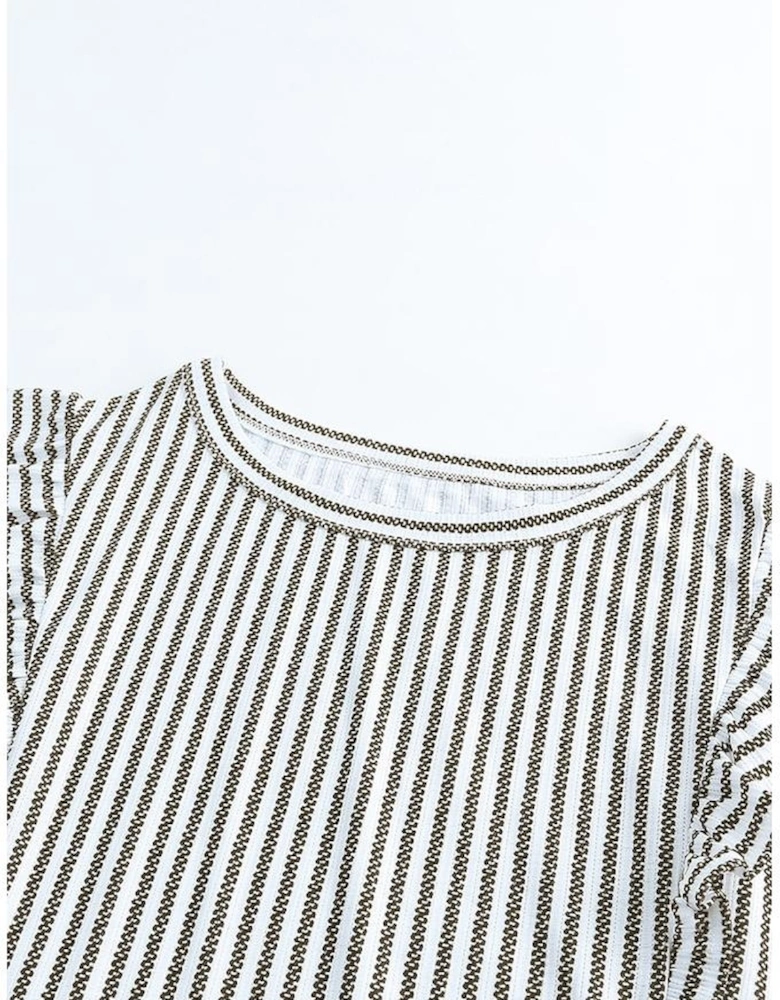 Gray Crew Neck Ruffled Striped Tank Top