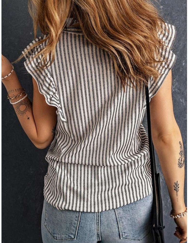 Gray Crew Neck Ruffled Striped Tank Top
