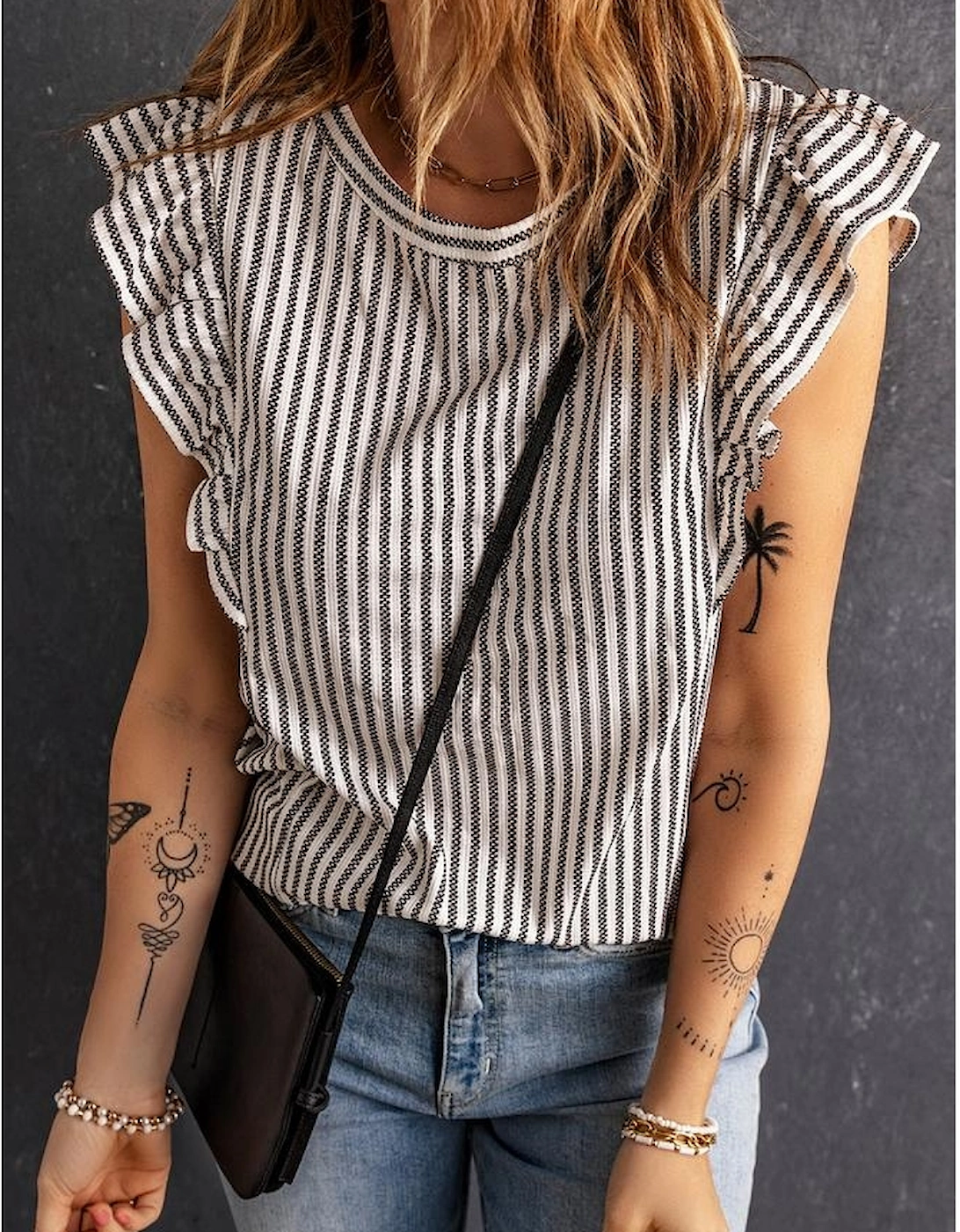 Gray Crew Neck Ruffled Striped Tank Top