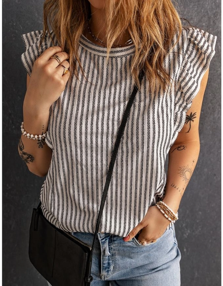 Gray Crew Neck Ruffled Striped Tank Top