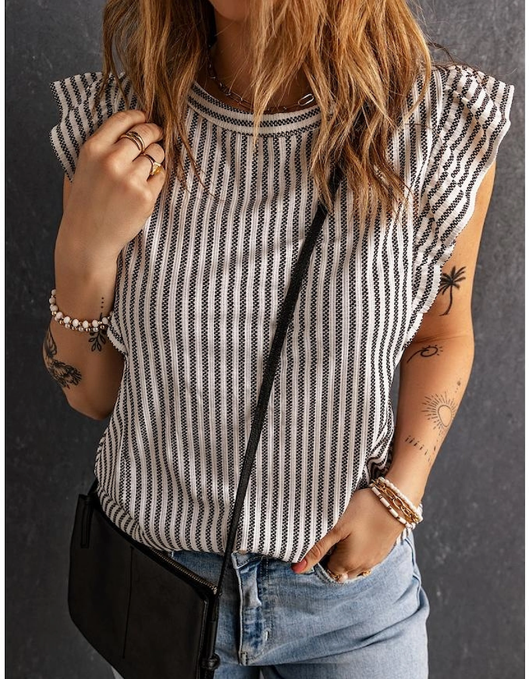 Gray Crew Neck Ruffled Striped Tank Top, 16 of 15