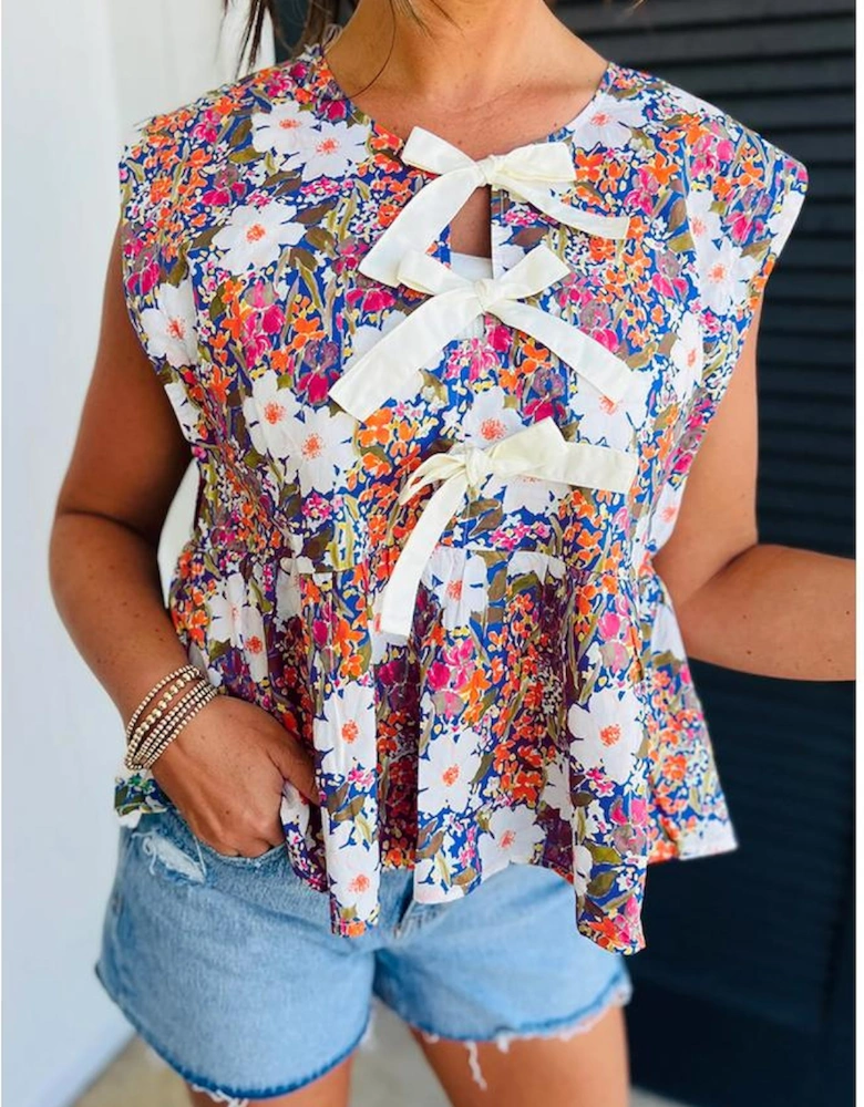 Rose Green Floral Print Bow Applique Slit Sleeveless Peplum Blouse