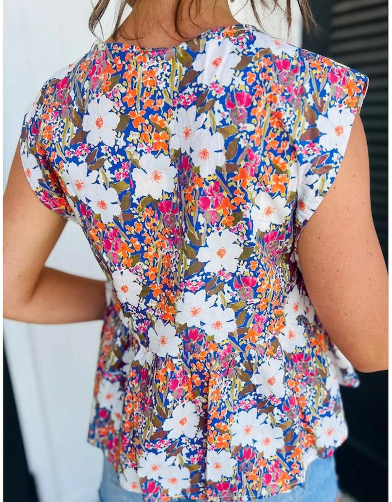 Rose Green Floral Print Bow Applique Slit Sleeveless Peplum Blouse