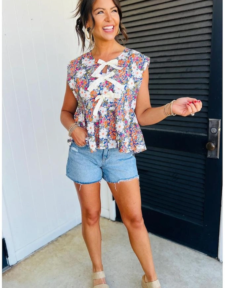 Rose Green Floral Print Bow Applique Slit Sleeveless Peplum Blouse