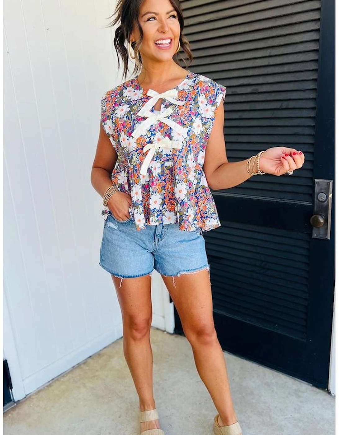 Rose Green Floral Print Bow Applique Slit Sleeveless Peplum Blouse