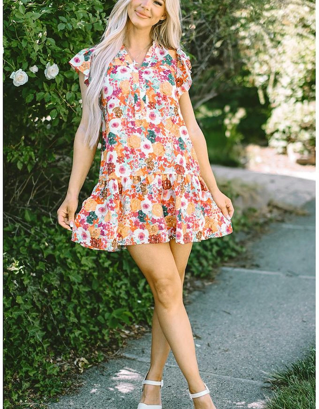 Purple Floral Print Split Neck Flutter Sleeve Dress, 11 of 10