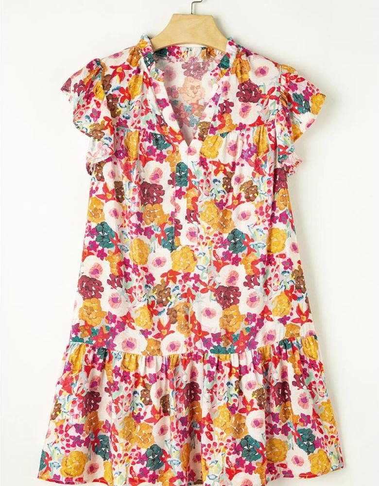 Purple Floral Print Split Neck Flutter Sleeve Dress