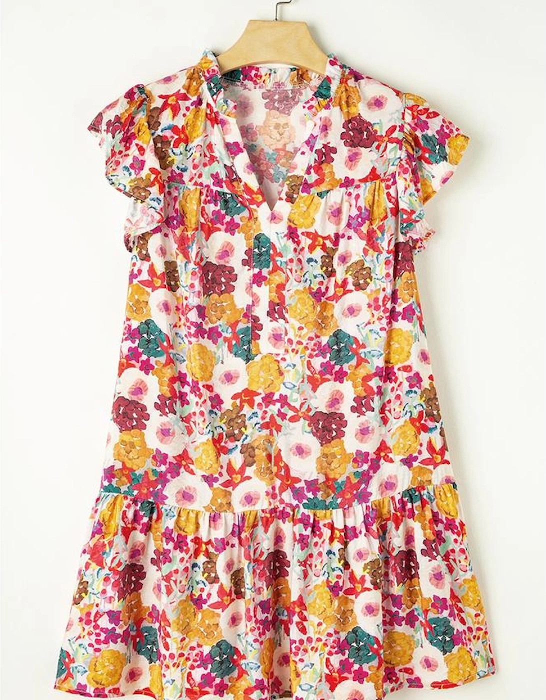 Purple Floral Print Split Neck Flutter Sleeve Dress