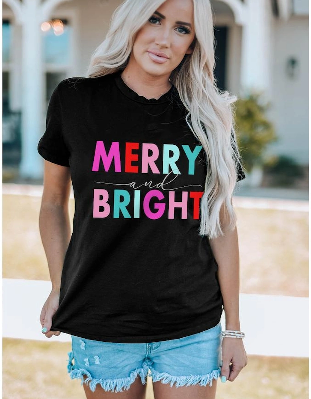 Black MERRY and BRIGHT Crew Neck Graphic Tee