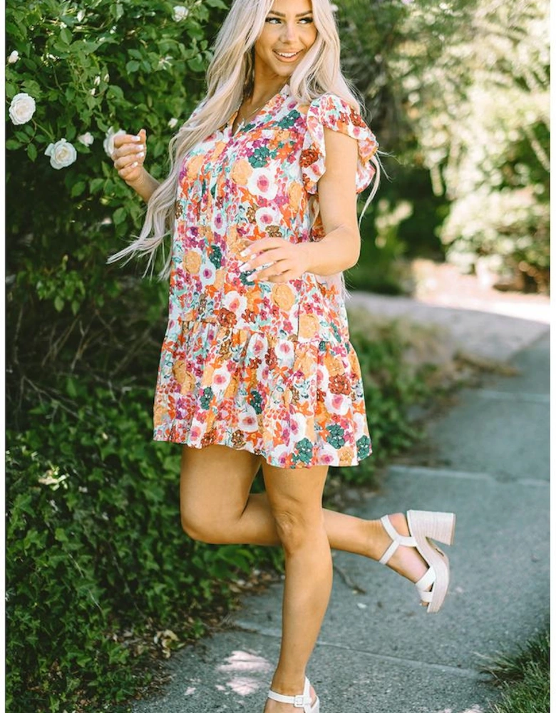 Purple Floral Print Split Neck Flutter Sleeve Dress