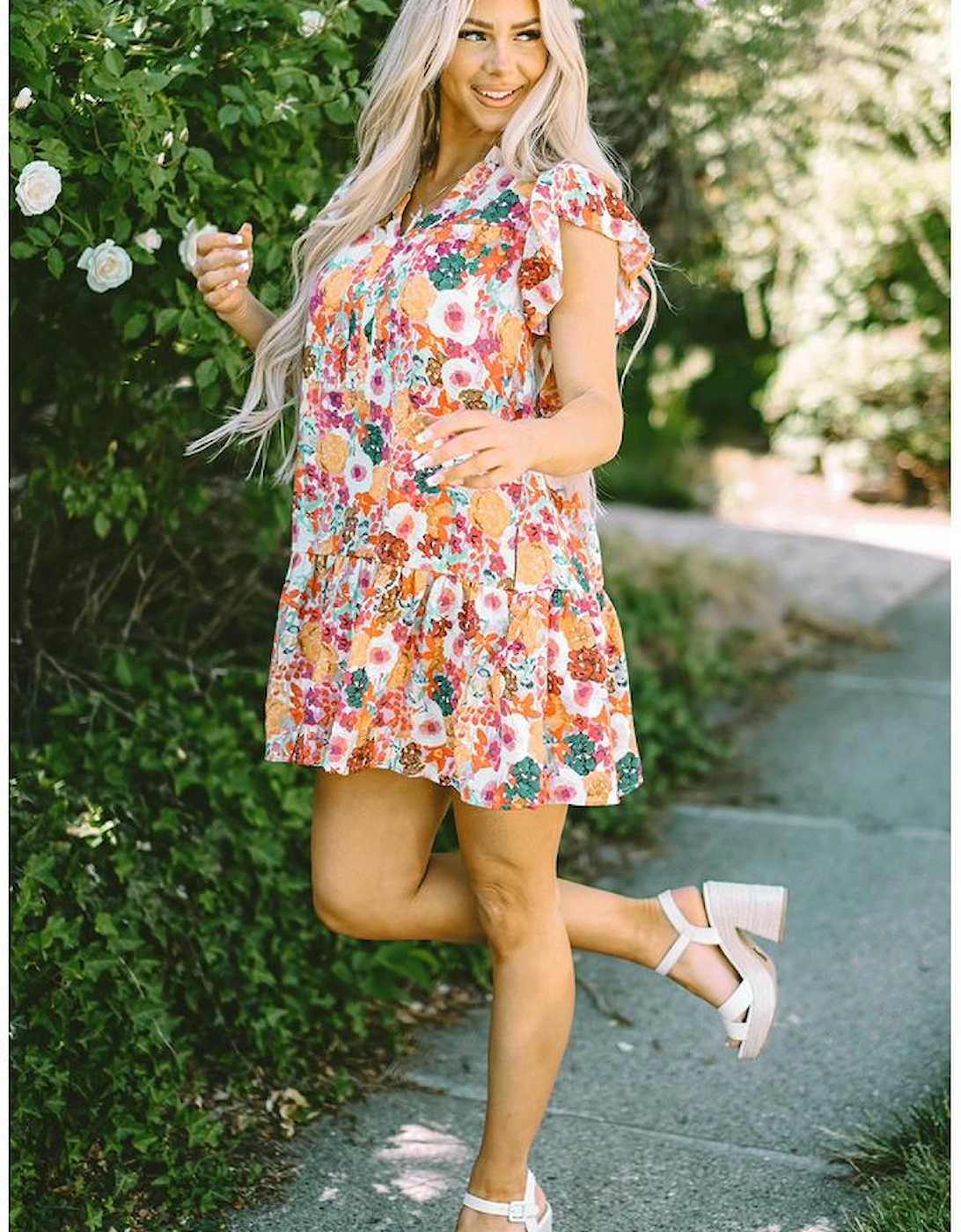 Purple Floral Print Split Neck Flutter Sleeve Dress