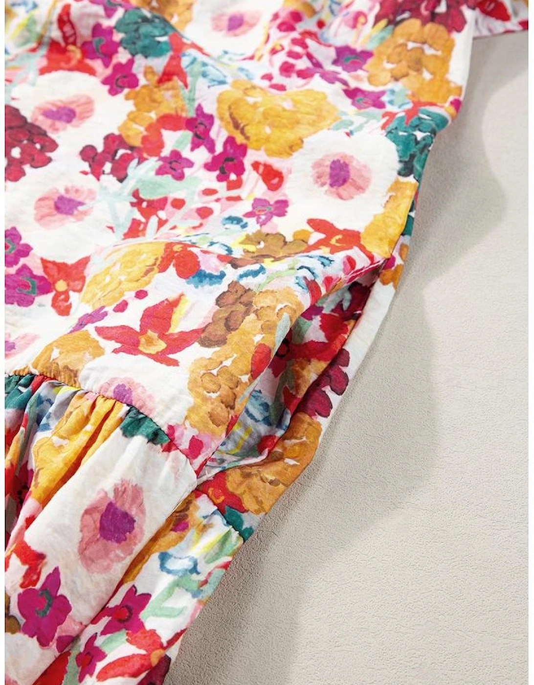 Purple Floral Print Split Neck Flutter Sleeve Dress