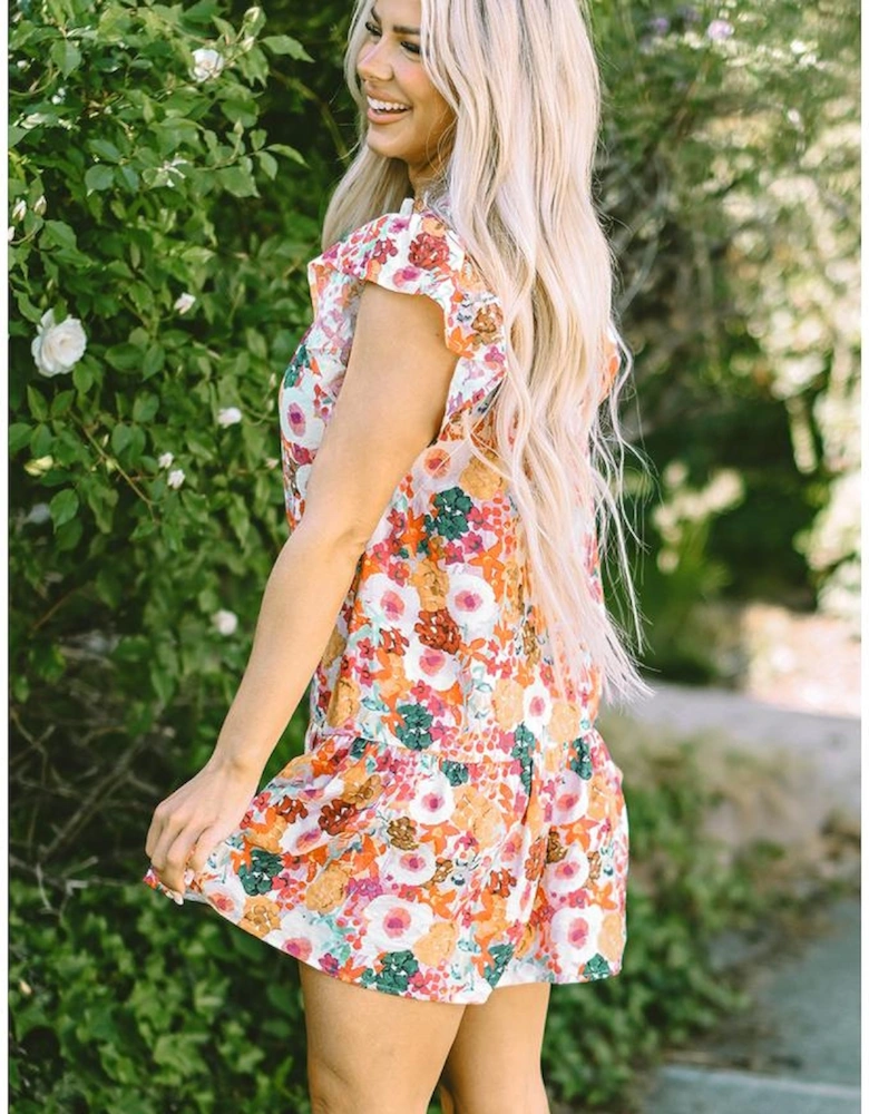 Purple Floral Print Split Neck Flutter Sleeve Dress